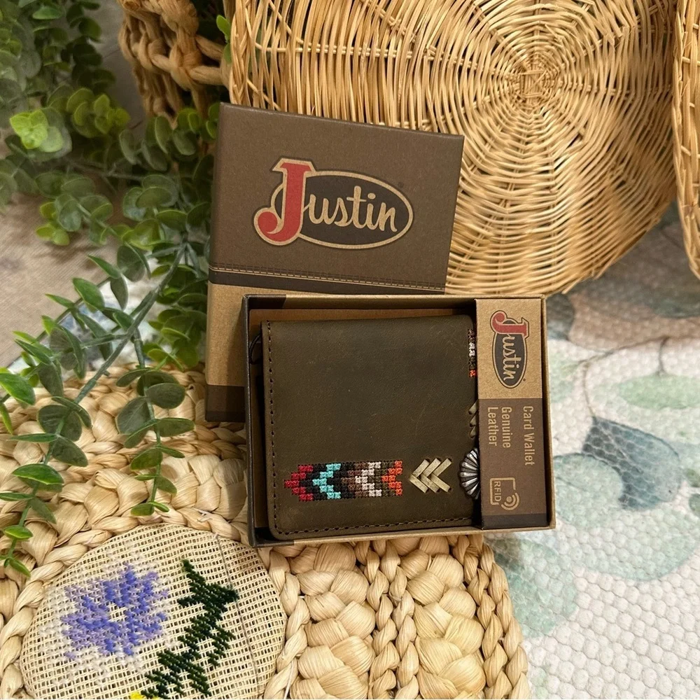 New Justin Boots Genuine Leather Card Wallet Tribal Western Colorful Embroidery
